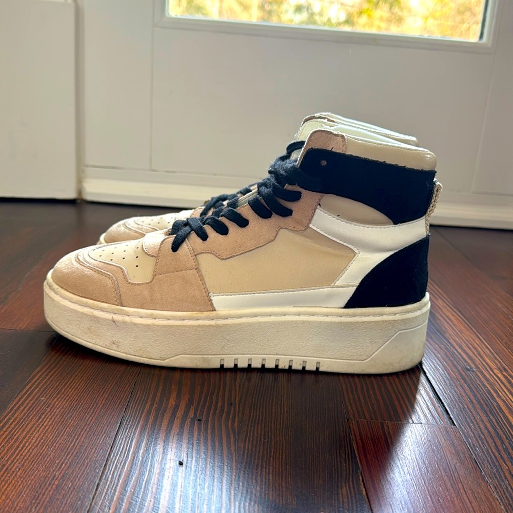 White, Beige, and Black High Top Sneakers, Barely Worn, Minor Stains on Wedge